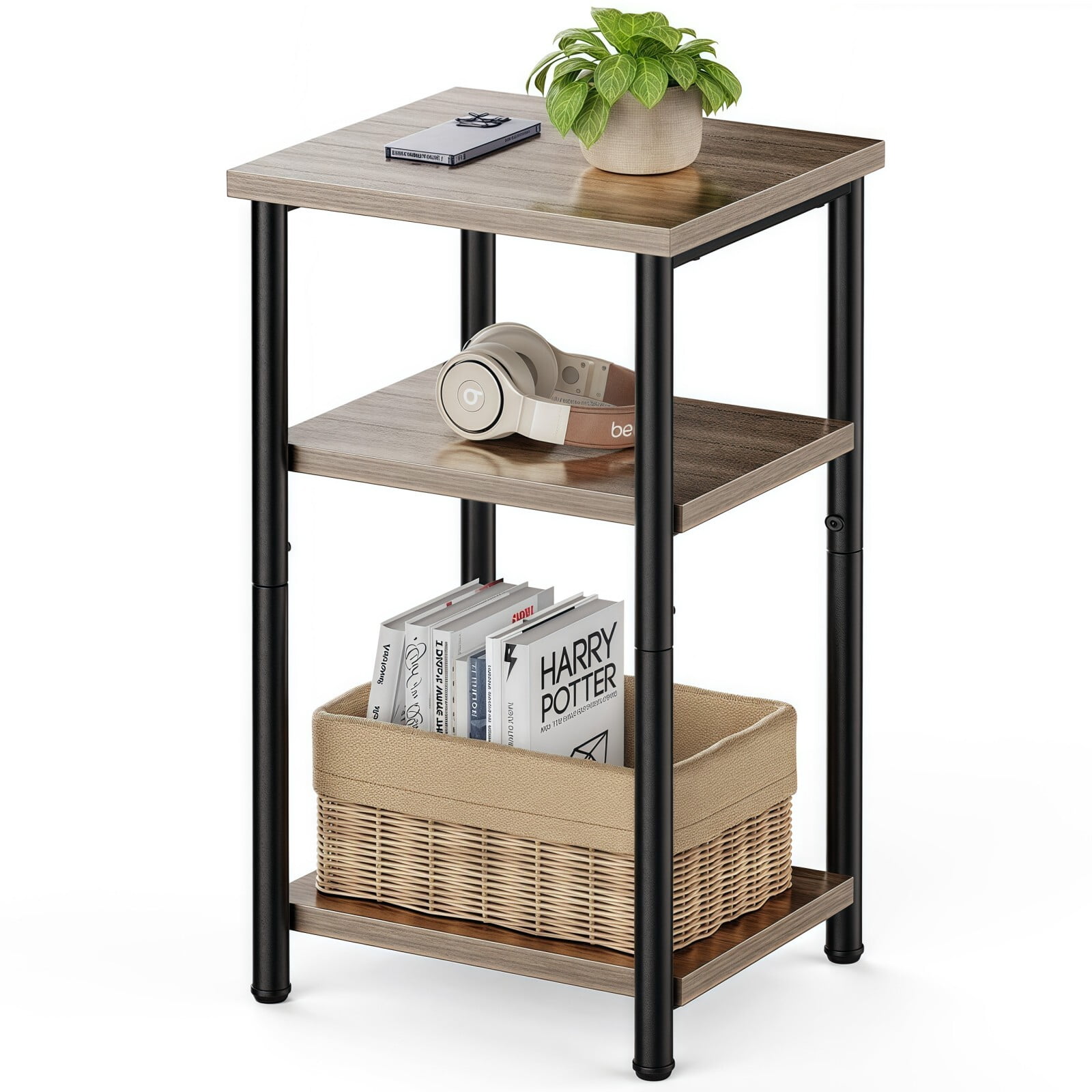 Kelno 3-Tier Nightstand Small End Table with Open Storage Shelf and Adjustable Feet, Gray