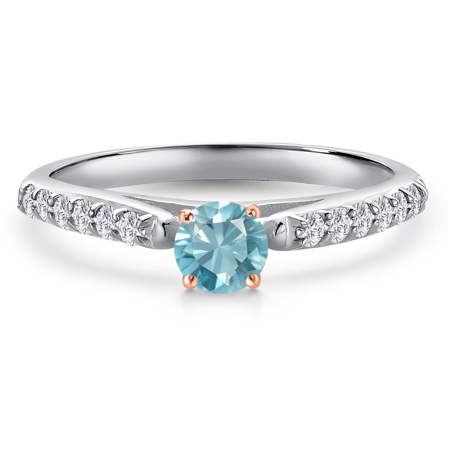 Gem Stone King 10K Two Tone Gold Blue Zircon and Lab Grown Diamond Engagement Ring for Women | 0.68 Cttw | Round 4MM | Gemstone Birthstone | Size 6