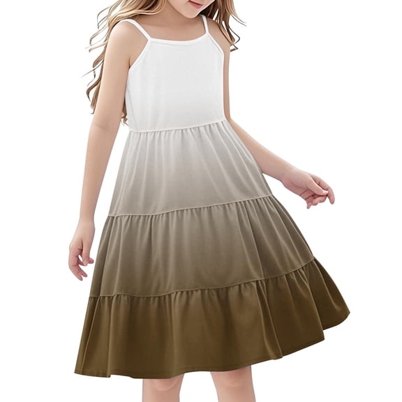 WRKEKC Girls Summer Dress Spaghetti Strap Gradient Color Block Tiered Ruffle Hem Bohemian Sundress for Girls 4-14 Years