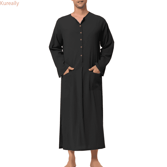 Kureaily Male Button Long Sleeve Robe Pajamas Collarless Loungewear Sleepwear