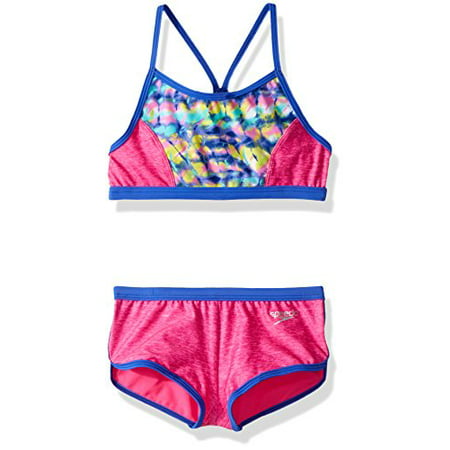Speedo Girls' Rhythmic tie dye Boyshort Two Piece Swimsuit, Pink, Size