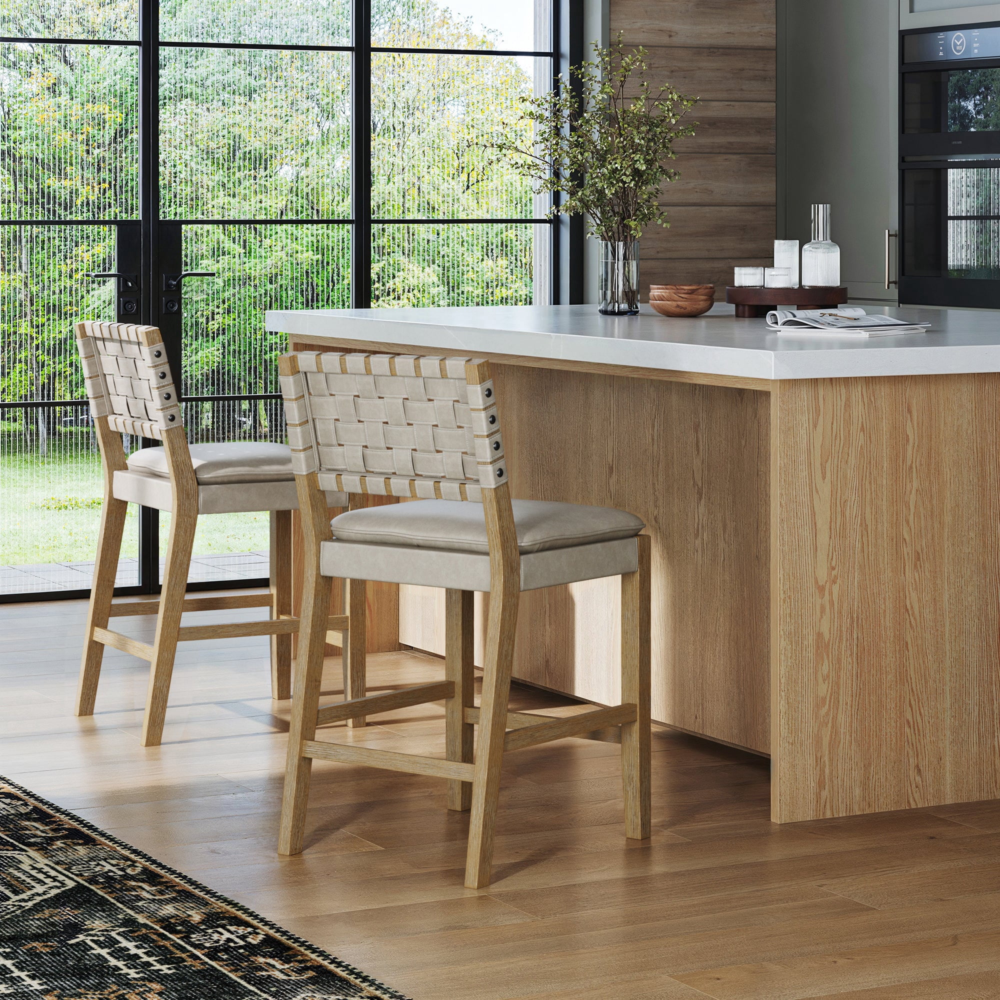 Nathan James Cohen Coastal Bar Stool, Wood Counter Height Leather Bar Stool with Back for Kitchen Island, Gray Mahogany
