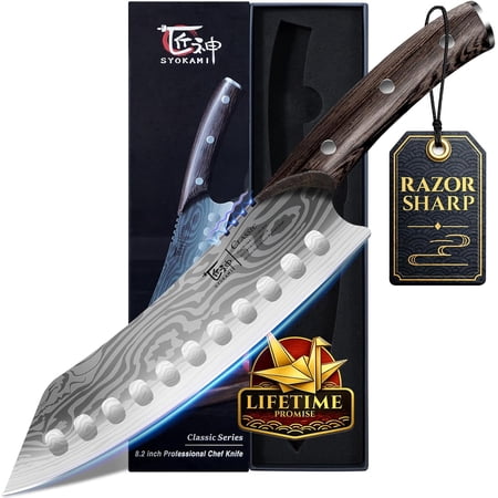 Japanese Kitchen Knife, 8.2 Inch Chef Knife, Carbon Steel Kiritsuke, Razor Sharp Santoku for Precision Cutting, Damascus Pattern, Full Tang Wood Handle,Thanksgiving Christmas Cooking Gifts