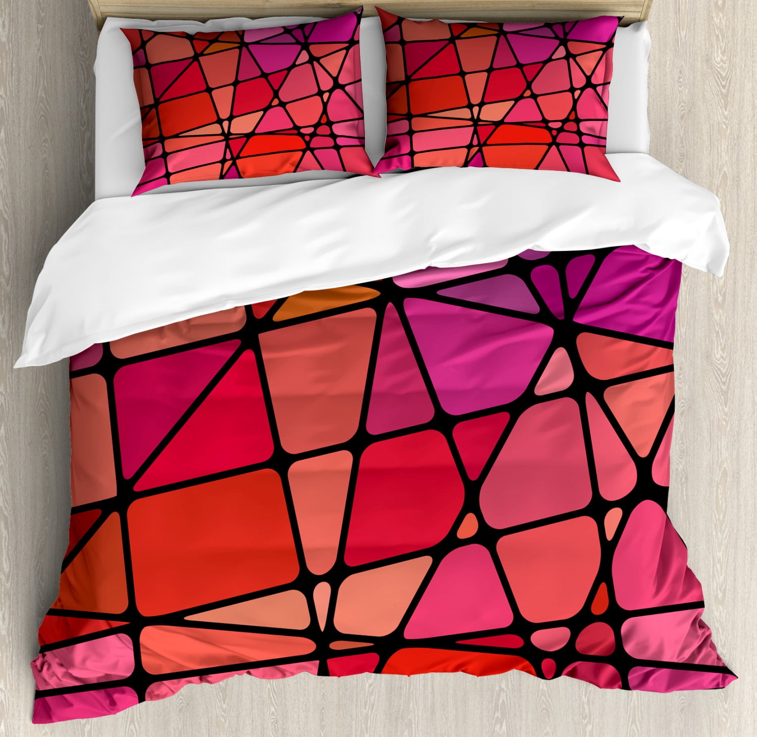 Retro Queen Size Duvet Cover Set, Antique Stained Glass Illustration with Mosaic Design Colorful