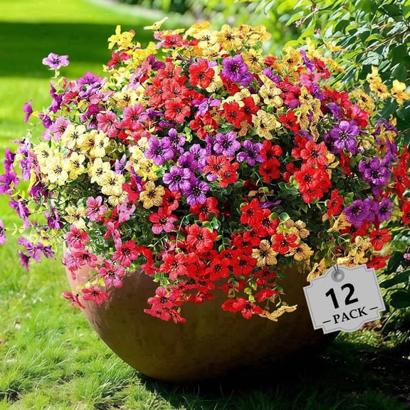 12 Bundles Artificial Flowers Outdoor, UV Resistant Fake Faux Silk Flowers for Patio Porch Garden Yard Home Decor