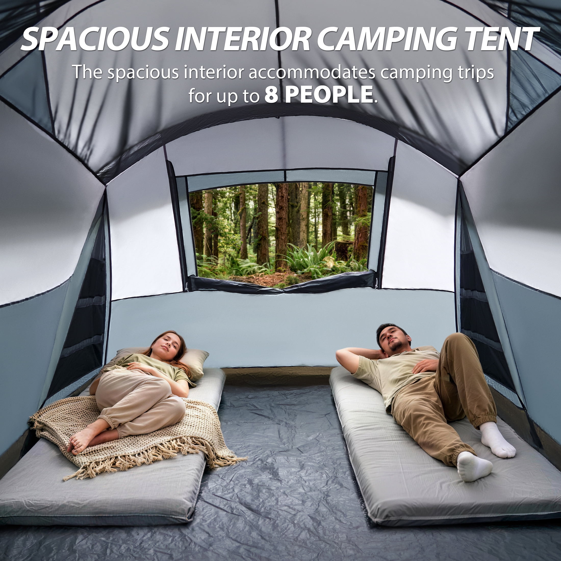 EVER ADVANCED 8 Person Family Camping Tent with Screen Porch, Portable Cabin Tent with Rainfly, Gray