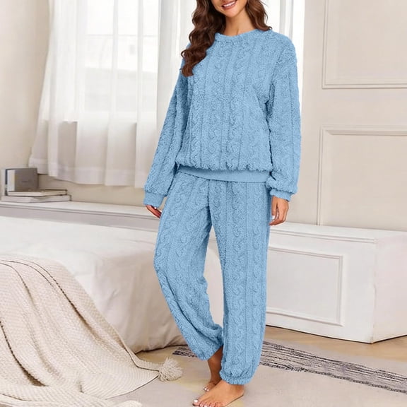 Mifsaly Fuzzy Fleece Pajamas for Women Set Cable Knit Long Sleeve Pullover Top and Jogger Pants Relaxed Fit Winter Warm Pajamas Sleepwear Blue,M