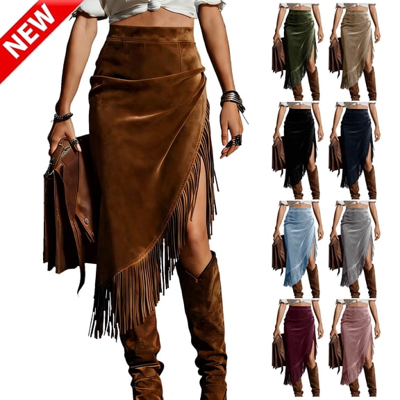 Tqyyweavej Women's Faux Suede Western Skirt High Waist Asymmetrical Tassel Midi Skirts Side Slit Solid Color Vintage Skirts for Women