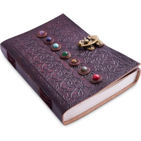 AUNERCART Leather Journal Seven Chakra Medieval Stone Unlined Note Book Office Diary College Poetry Rustic Vintage Day to Day Calendar 200 Pages Size 10x7 Inches