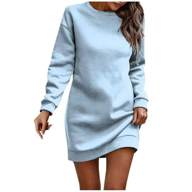 Vestido informal de terciopelo para mujer talla grande: vestido de manga larga y cuello redondo en color liso para el otoño/invierno