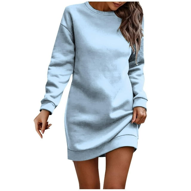 Womens Casual Plus Velvet Sweater Dress - Long Sleeve Round Neck Solid Color for Fall/Winter Comfort
