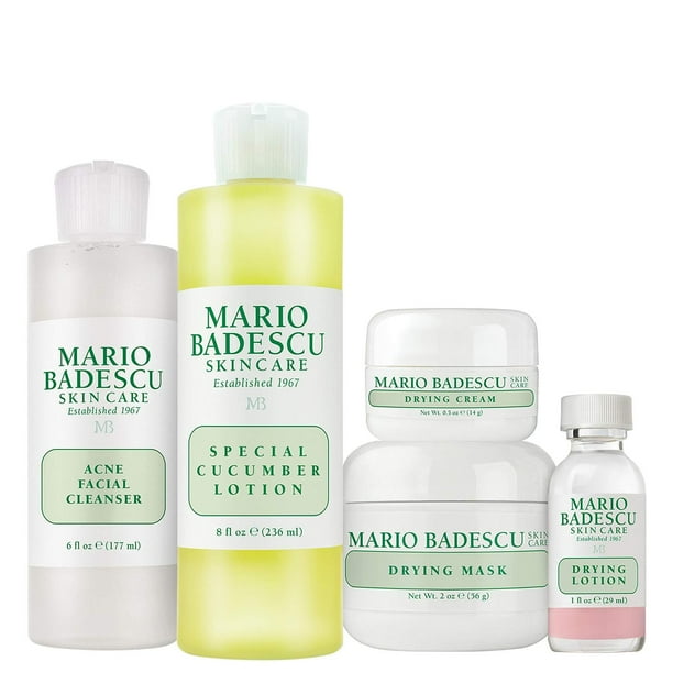 Kit Facial Mario Badescu para Control del Acné con Limpiador, Tónico, Mascarilla, Loción y Crema, Id