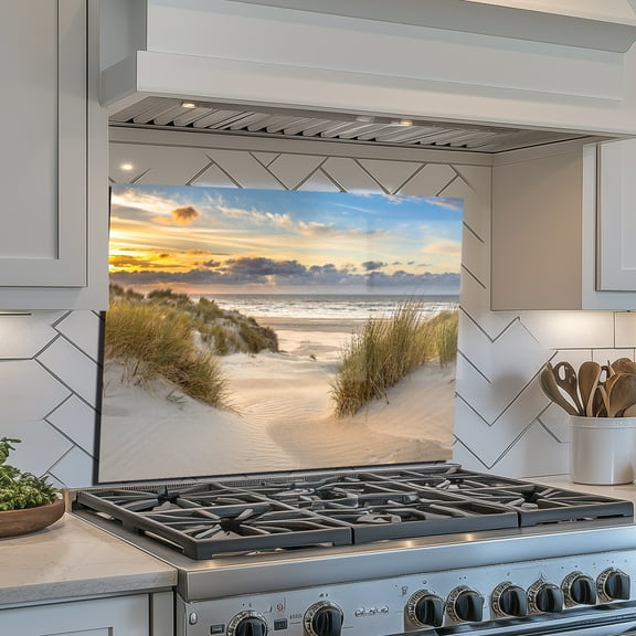 30x14 Inch Beach Sunset Print Splash Guard - Tempered Glass Waterproof Backsplash, Easy Clean Heat Resistant Kitchen Wall Art