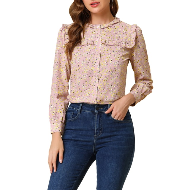 Camiseta larga de cuello redondo para mujer con volantes y estampado floral, moda relajada, color rosa