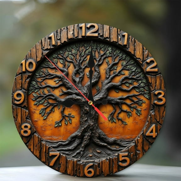 Wooden Tree of Life Wall Clock Rustic Decor 10-Inch Silent Wooden Wall Clock, Battery Operated (AA Batteries Not Included), Artistic Home Decor