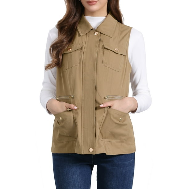 Chaqueta sin mangas con cremallera INSPIRE CHIC para mujer, chaleco utilitario con bolsillos M color caqui oscuro