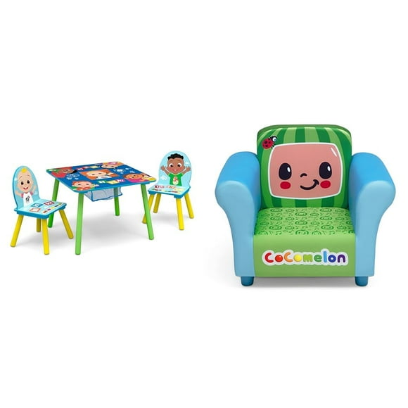 Delta Children Kids Table and Chair Set with Storage (2 Chairs Included) & Upholstered Chair, Wood CoComelon