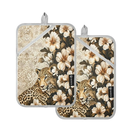 

Two Pieces Of Square Heat Insulation Pad Oven Mitts 7x9.8 Inch Oven Microwave Kitchen Cooking Baking White Flower Sea and Leopard