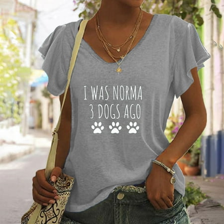 

Juebong I Have A Dog Women Ruffles Cap Sleeve Shirts Comfy V Neck Basic Tops Dog Lover Flowy Blouse Funny Printed Ruffled Short Sleeve Solid Tunic T Shirts