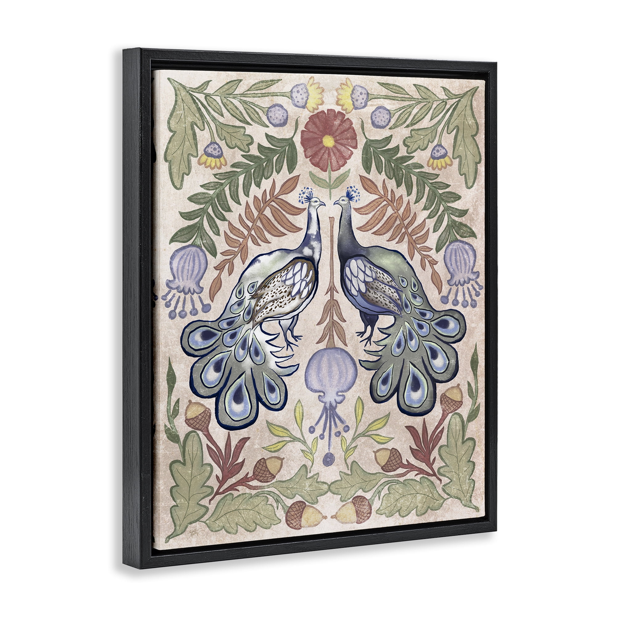 Stupell Industries Symmetrical Peacock & Flower Pattern Black Framed Floater Canvas Wall Art, design by Elizabeth Medley