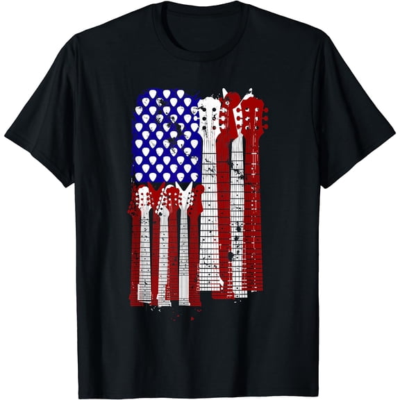 Men's Patriotic American Flag Guitar Music Graphic T-Shirt