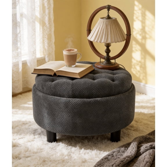 25-Inch Round Storage Ottoman with Tray Top, Dark Grey Fabric Upholstered Coffee Table Footrest