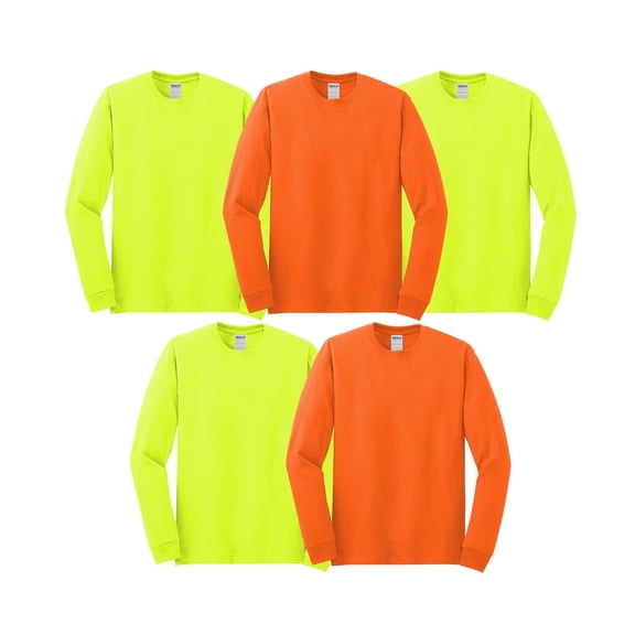 Gildan Heavy Cotton Men Long Sleeve Work T-Shirt, Hi Vis Safety Green & Safety Orange Tee, 5 Pack, L