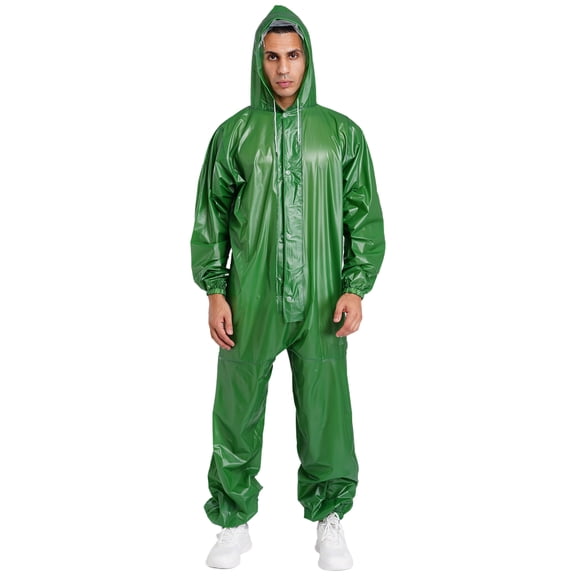 SiiRoh Adults One Piece Full-body Hooded Raincoat Hood with Drawstring Front Button And Zipper One-piece Waterproof Jumpsuit Workwear Green M/165-178