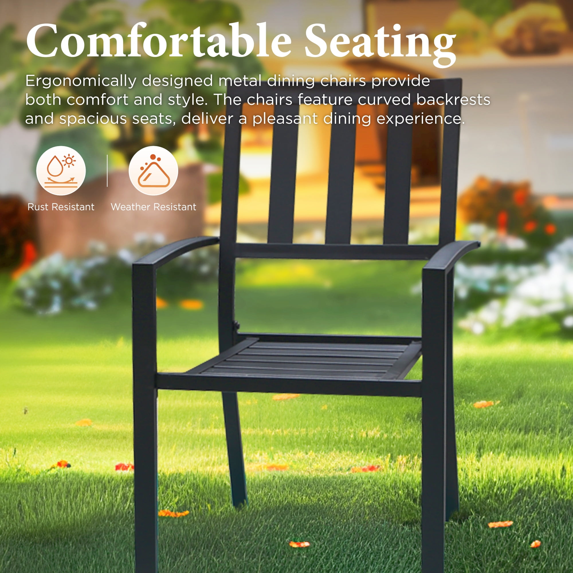 SUMMIT LIVING 5-Piece Patio Dining Set with Stackable Chairs & Square Table for 4-Person, All-Weather Metal Steel, Black