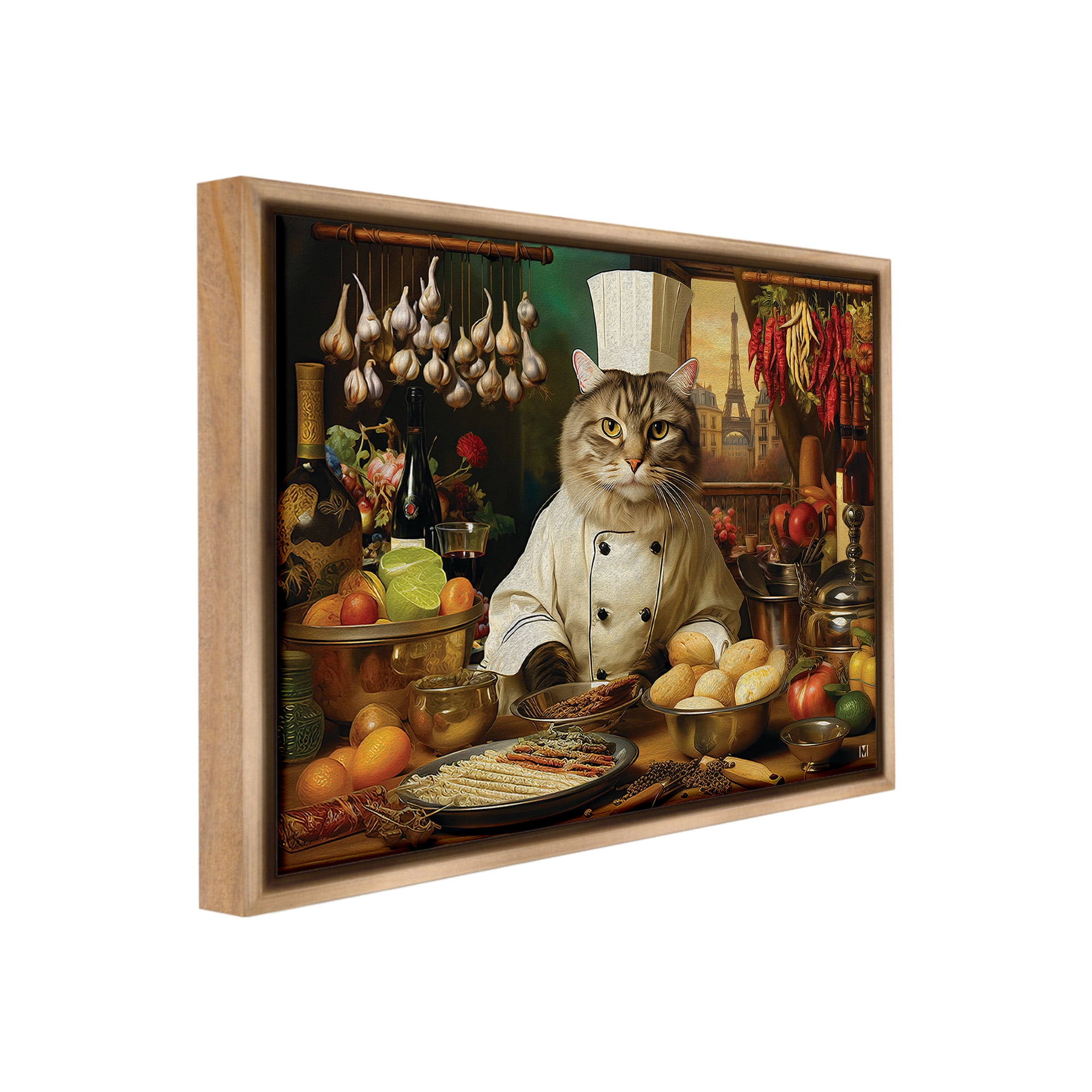 Stupell Industries Cat Chef in Kitchen Animals & Insects Painting Brown Floater Framed Canvas Art Print Wall Art, 21 x 17