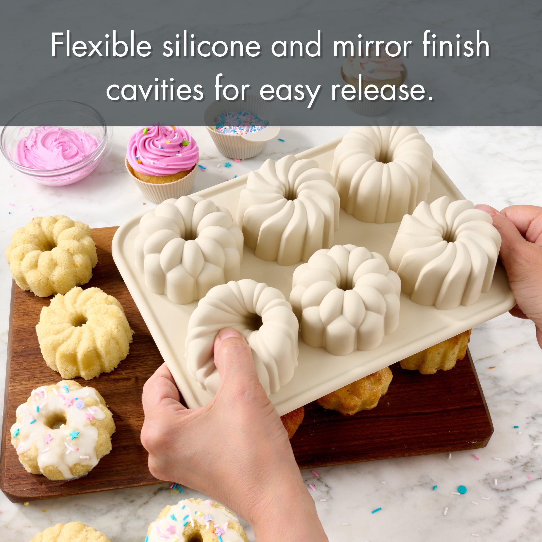 Mainstays Silicone Fluted Mini Cakelet Pan with 6 Cavities, Beige