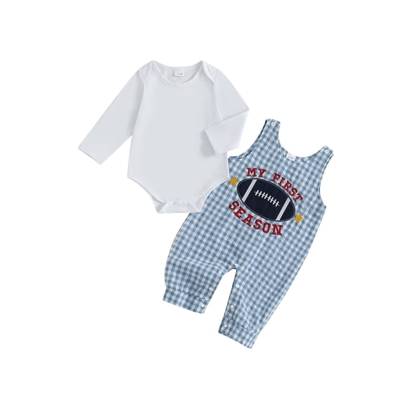 Rovasas Baby Boy Football Outfit Solid Long Sleeve Romper Plaid Overall Pants