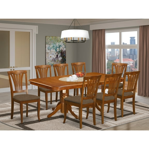 East West Furniture Napoleon 9-piece Dining Set with Fabric Seat in Saddle Brown