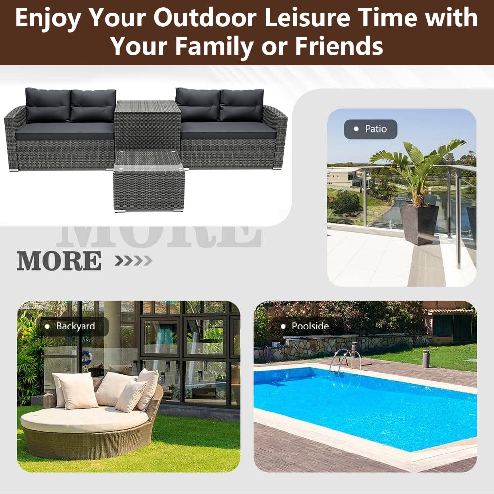SEGMART 4 Piece Patio Furniture Set, All-Weather Outdoor Sectional Sofa Set, PE Rattan Conversation Set with Storage Box, Table & Cushions, Wicker Furniture Couch Set for Patio Deck Garden