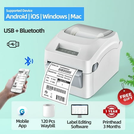 Grozziie Thermal Label Printer, 203DPI USB-Bluetooth, High Speed 4x6 Shipping Label Printer-Compatible with Android, iOS, Windows, macOS, & ChromeOS