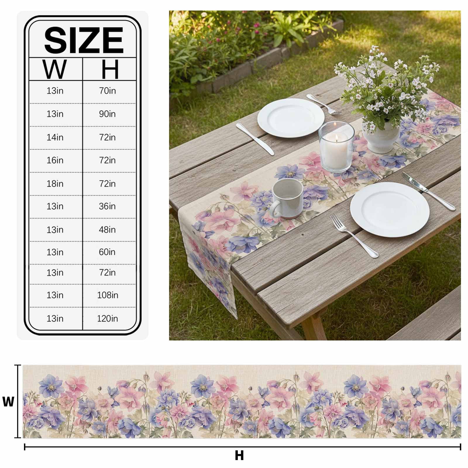 Pink Blue Spring Floral Table Runner 120 Inches Long, Rustic Summer Flower Botanical Kitchen Coffee Dining Table Decoration for Home Party Birthday Wedding Home Decor 13x120 Inches