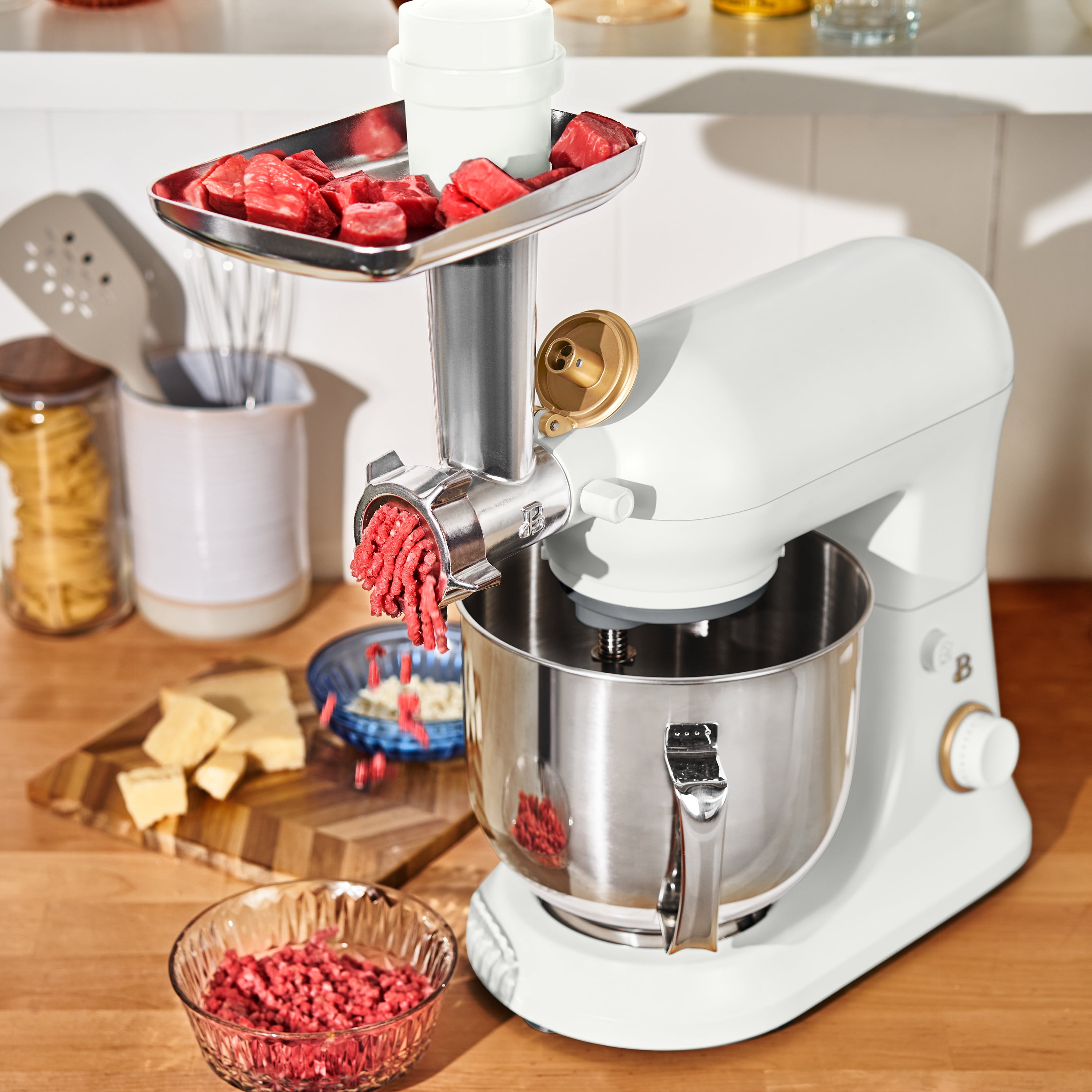 Beautiful Meat Grinder Stand Mixer Attachment with 3 Stainless Steel Grinding Plates, by Drew Barrymore