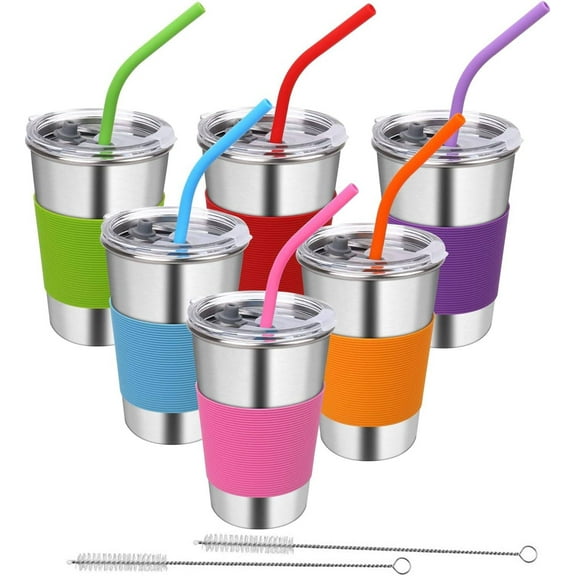 6 Pack 16 oz Kids Cups with Straws and Lids Spill-proof Stainless Steel Drinking Water Tumblers with Anti-slip Sleeves for Children Toddlers Adults