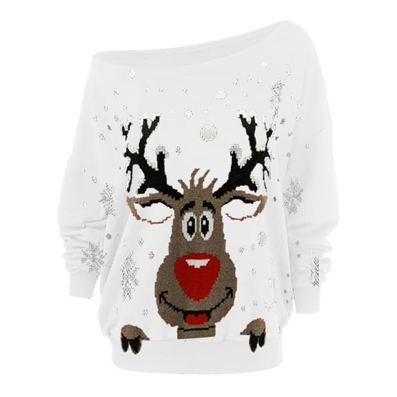 Womens Christmas Tops Shirts Long Sleeve Fashion Solid Color Print Off Shoulder Santa Xmas Tees Blouses
