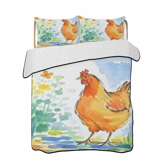 Quilts Queen Size Bedding Set, Watercolor Rooster Reversible Summer Quilt 3 Pieces, Farmhouse Colorful Flowers Herbs Lightweight Bedspreads Coverlets with 2 Pillow Shams for All Seasons
