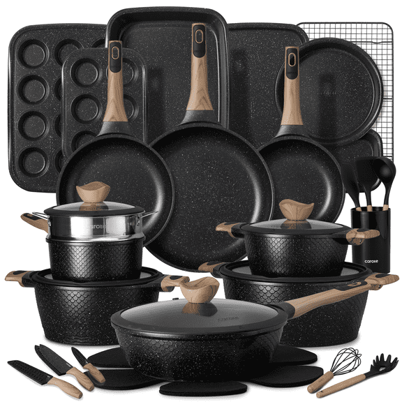 Carote 40-Piece Nonstick Cookware Set, Pots and Pans Set with Detachable Handle, Induction Compatible, Oven & Dishwasher Safe, Black Granite