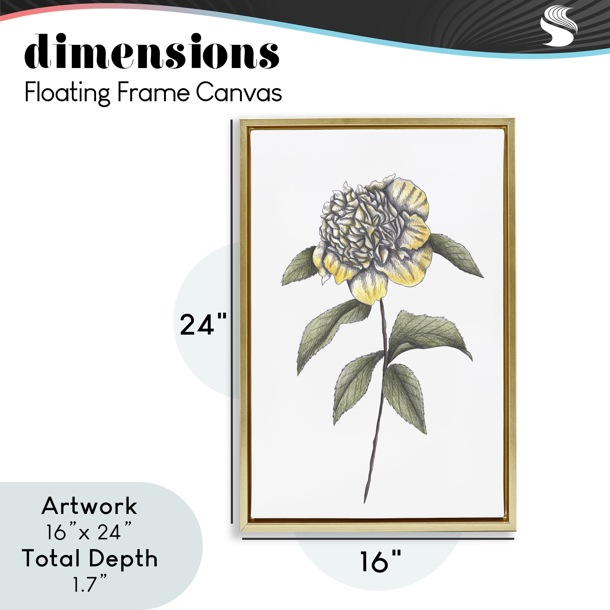 Camellia Flower Illustration Gold Framed Floater Canvas Wall Art, design by Cecilia Battaini