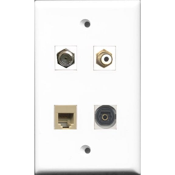 RiteAV 1 Port RCA White and 1 Port Coax Cable TV- F-Type and 1 Port Phone RJ11 RJ12 Beige and 1 Port Toslink Wall Plate