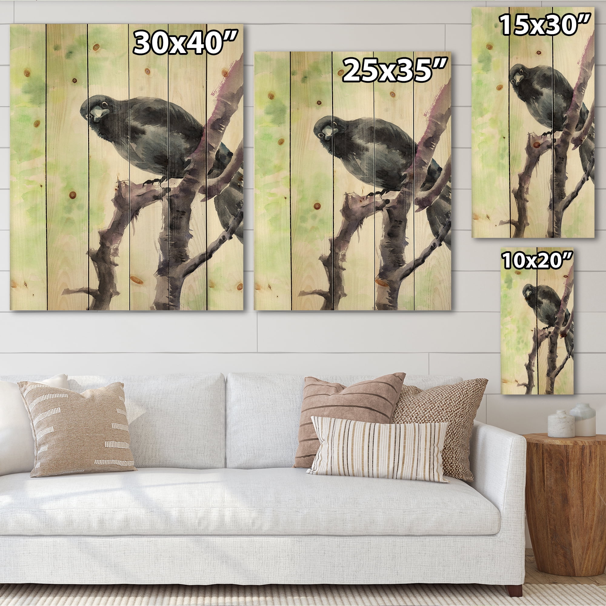 Designart 'Curious Crow Sitting On A Branch' Traditional Print on Natural Pine Wood