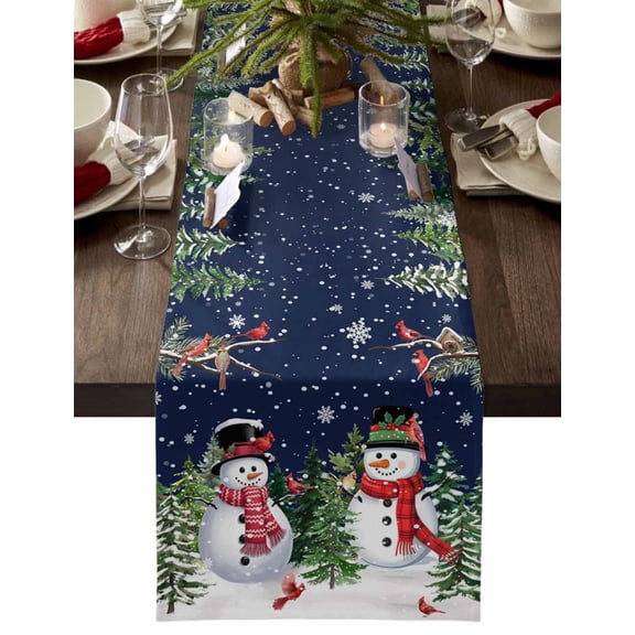 ERUNPONLY Navy Blue Snowman Christmas Table Runner - 120 Inch Long Xmas Tree Birds Farmhouse Cotton and Linen Blended Dress Scarves Farmhouse Table Runner for Kitchen Dining, Coffee Table, 13" x 120"