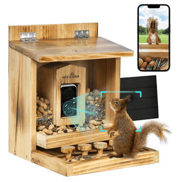 MIXXIDEA Wooden Squirrel Feeder with Camera, Smart Squirrel Feeder with Solar Panel, AI Identification, 2K HD  Video, Cloud Storage, Large Capacity, Ideal for Squirrel Lover