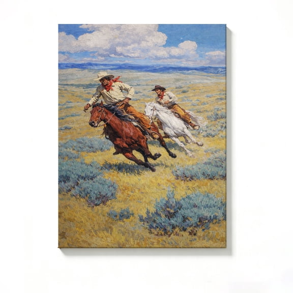 FLASHLUMI 8x12 Inch Vintage Cowboy Riders on Horseback Oil Painting Canvas Wall Art, Western Wild West Home Decor for Living Room Bedroom, No Frame