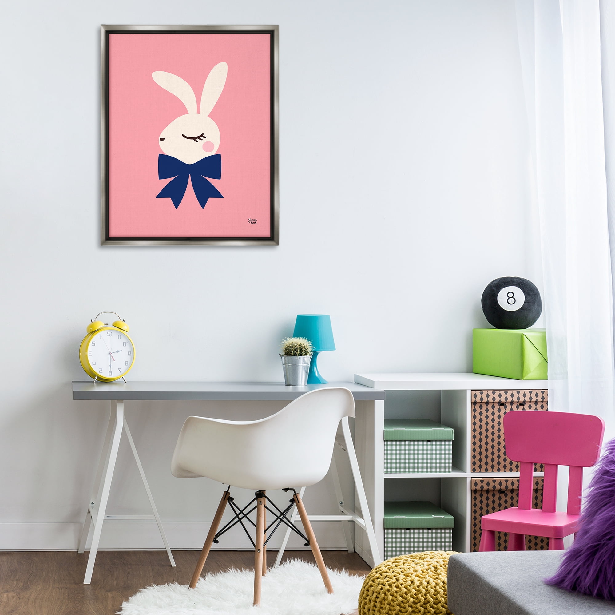 Stupell Industries Rabbit with Ribbon on Pink Animals Painting Gray Floater Framed Canvas Art Print Wall Art, 25 x 31
