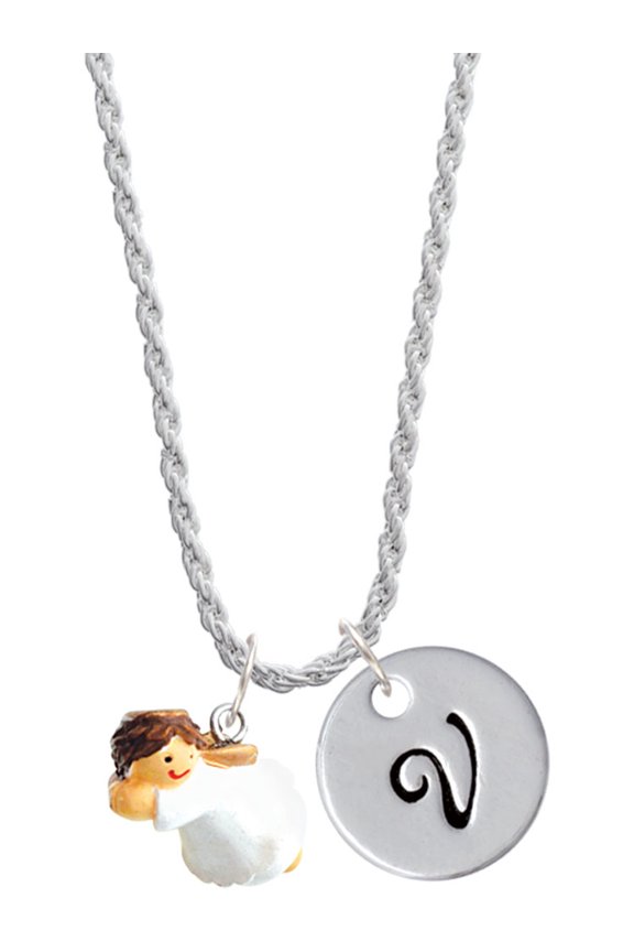 Resin Flying Angel Silvertone Script Initial Disc - V - Charm Necklace, 20"+3"