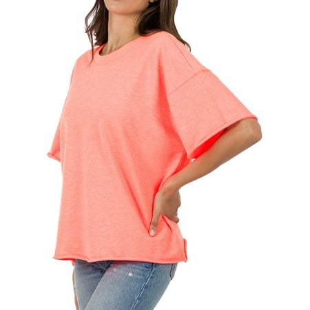 Zenana Plus Cotton French Terry Drop Shoulder Raw Edge Relaxed Casual Solid Tee Shirt Top price history on PriceWatchPro
